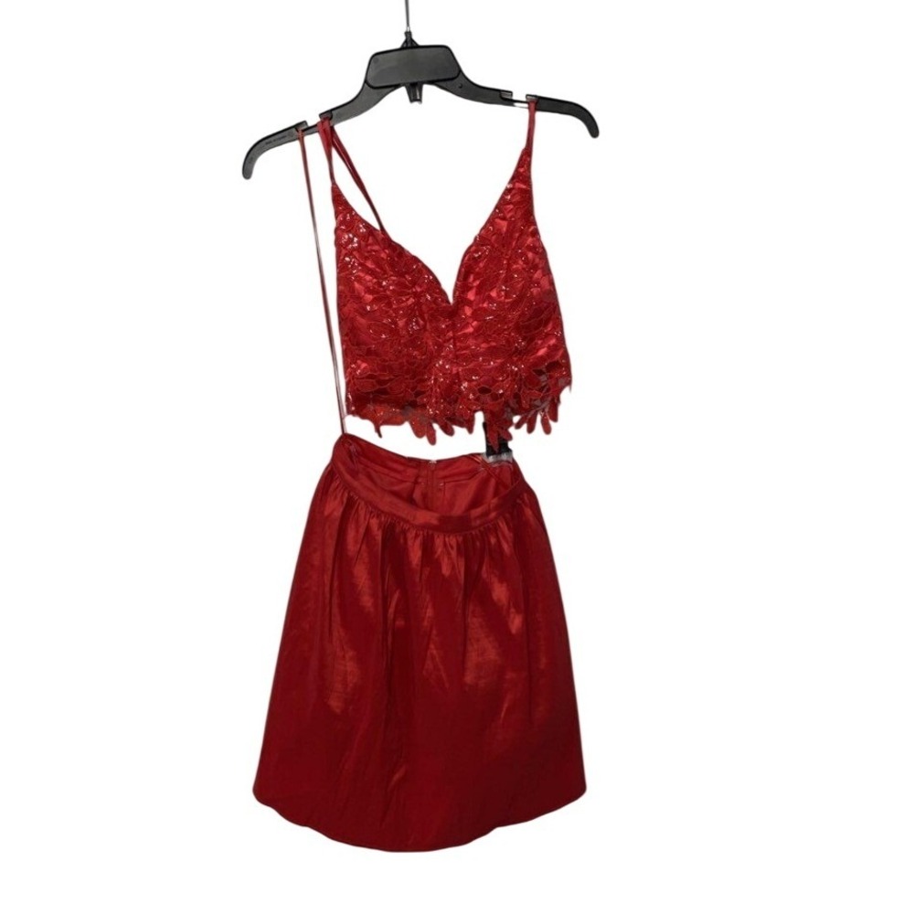 B. Darlin Red Sequin Lace Crop Top and Satin Mini Skirt 2 Piece Set Size 1/2